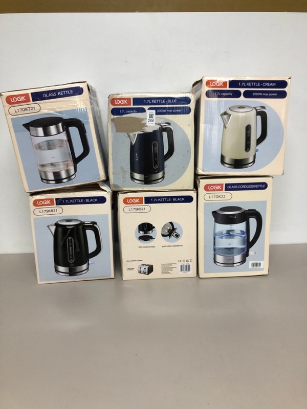 Lot 266  
            Nottingham SR1 - Delivery Only 

                
6 X VARIOUS LOGIK KETTLES INC. 1.7L BLUE KETTLE