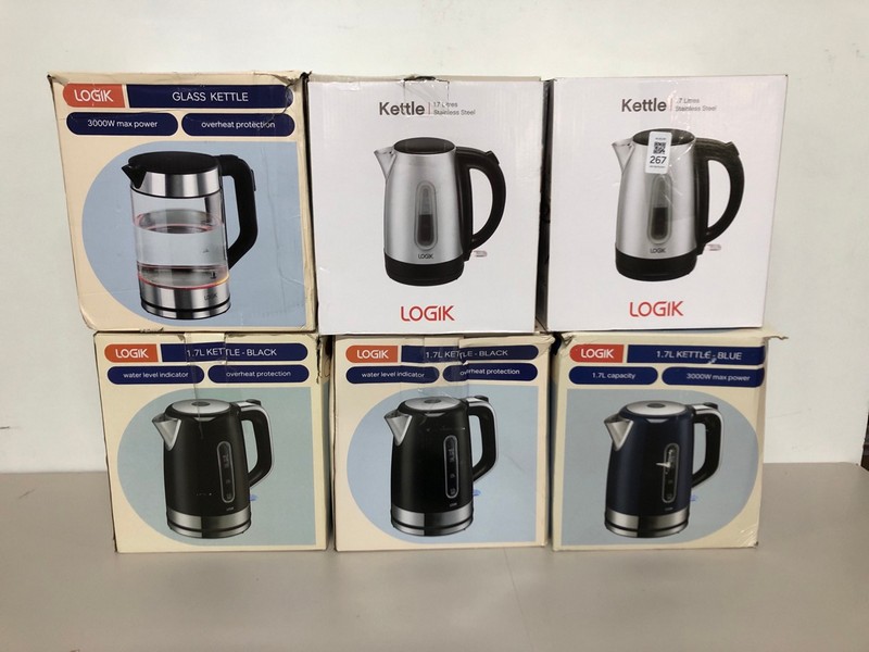 Lot 267  
            Nottingham SR1 - Delivery Only 

                
6 X VARIOUS LOGIK KETTLES INC. 1.7L BLUE KETTLE