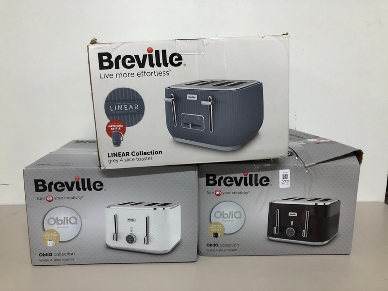 Lot 272  
            Nottingham SR1 - Delivery Only 

                
3 X VARIOUS BREVILLE TOASTERS INC. OBLIQ COLLECTION 4 SLICE TOASTER
