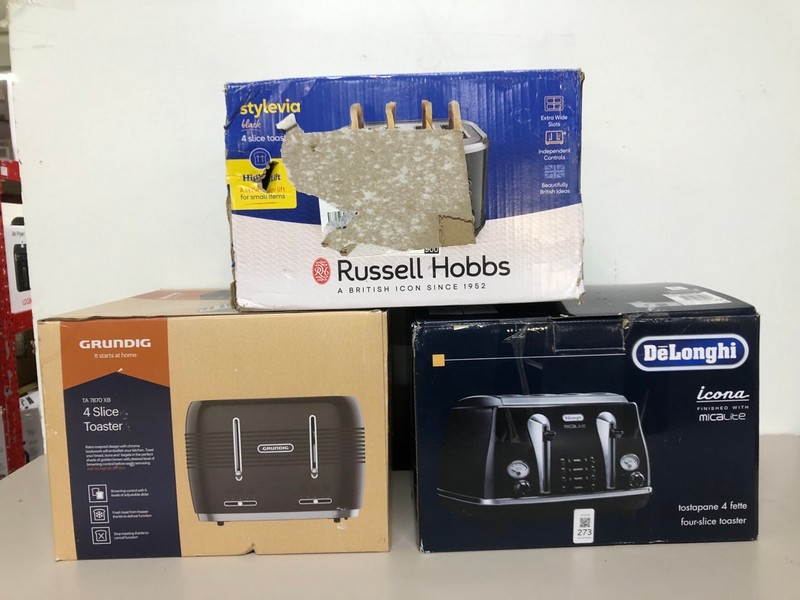 Lot 273  
            Nottingham SR1 - Delivery Only 

                
3 X VARIOUS TOASTERS INC. DELONGHI ICONA 4-SLICE TOASTER