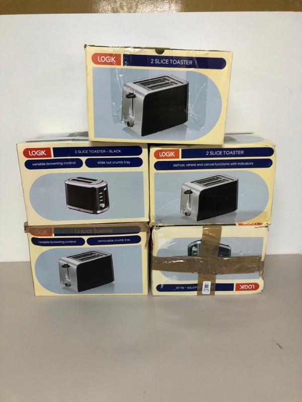 Lot 275  
            Nottingham SR1 - Delivery Only 

                
5 X VARIOUS LOGIK TOASTERS INC. 2-SLICE BLUE TOASTER
