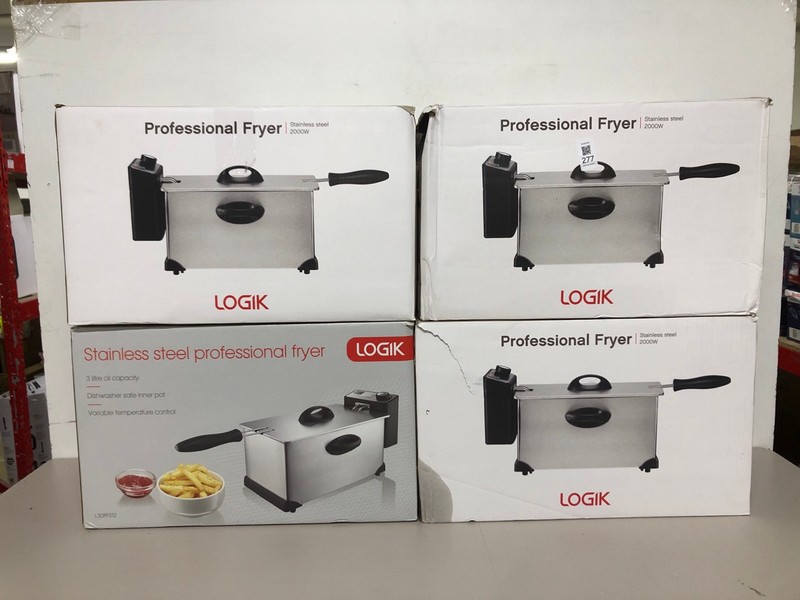 Lot 277  
            Nottingham SR1 - Delivery Only 

                
4 X LOGIK PROFESSIONAL FRYER - MODEL - L30PFS12 - ORIGINAL RRP - £29.99