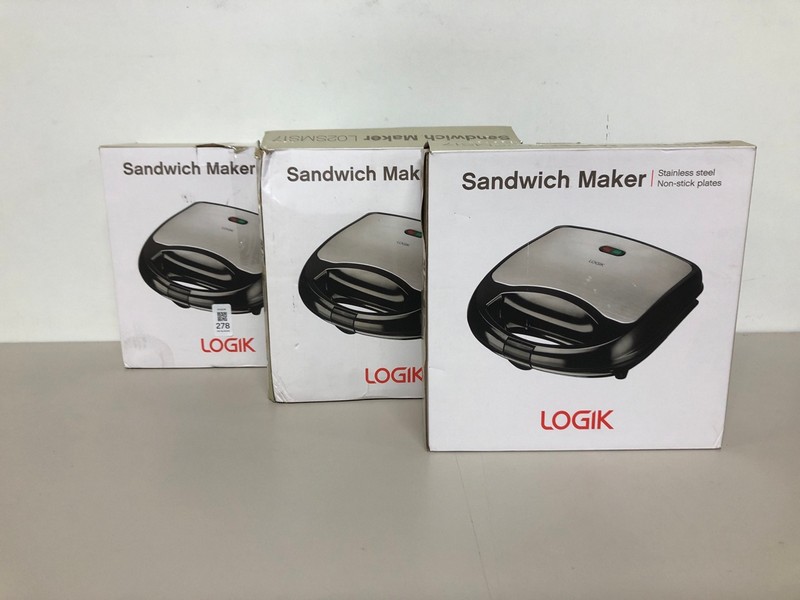 Lot 278  
            Nottingham SR1 - Delivery Only 

                
3 X LOGIK SANDWICH MAKERS - MODEL - L02SMS17 - ORIGINAL RRP - £19.99