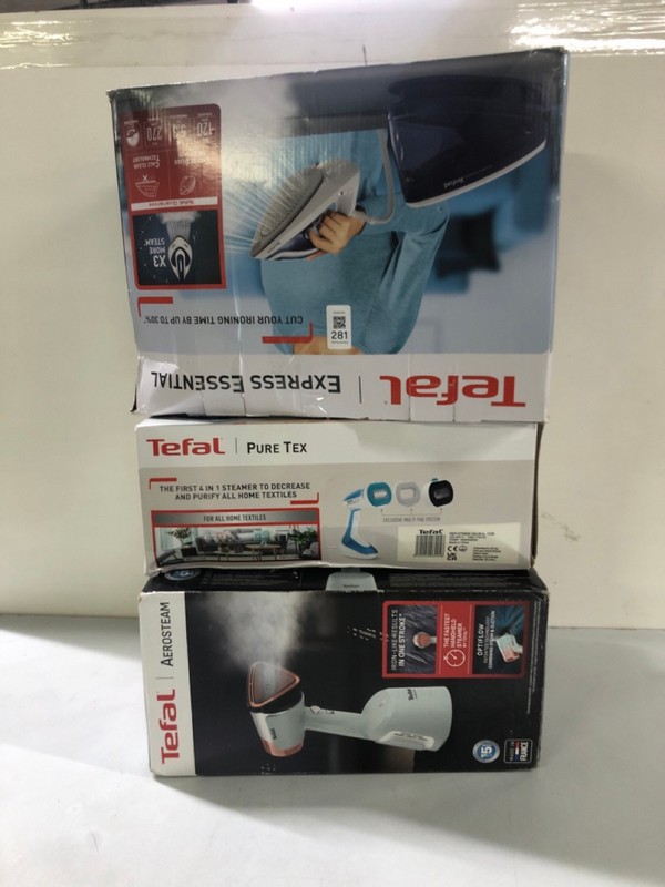 Lot 281  
            Nottingham SR1 - Delivery Only 

                
3 X VARIOUS STEAMERS INC. TEFAL EXPRESS ESSENTIAL STEAMER
