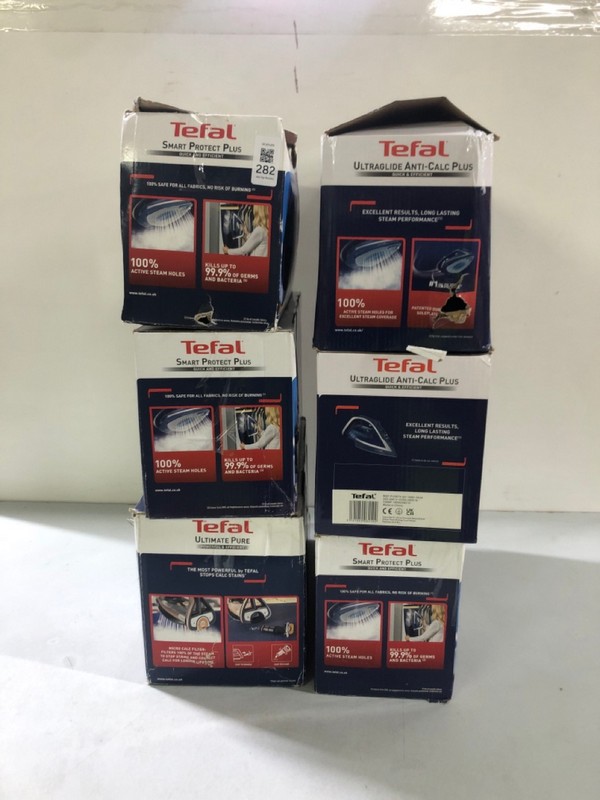 Lot 282  
            Nottingham SR1 - Delivery Only 

                
6 X VARIOUS TEFAL IRON/STEAMERS