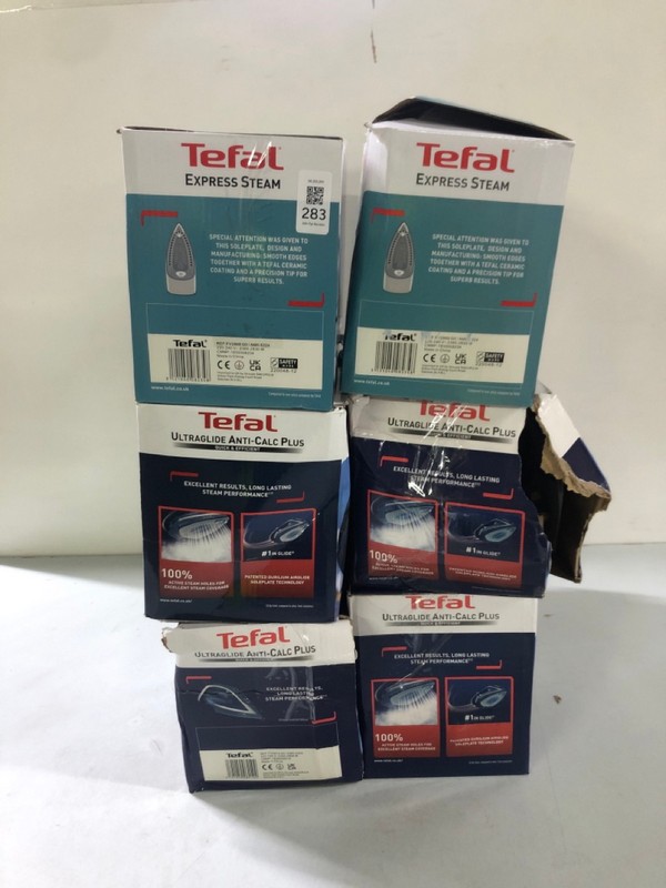 Lot 283  
            Nottingham SR1 - Delivery Only 

                
6 X VARIOUS TEFAL IRON/STEAMERS