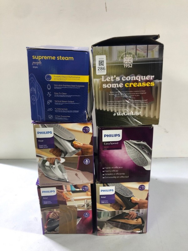 Lot 286  
            Nottingham SR1 - Delivery Only 

                
6 X VARIOUS IRONS/STEAMERS