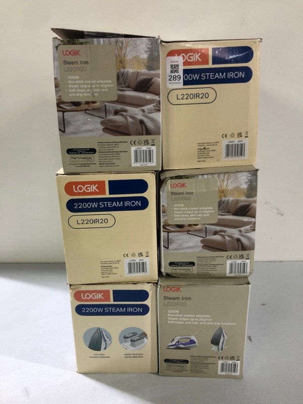 Lot 289  
            Nottingham SR1 - Delivery Only 

                
6 X VARIOUS LOGIK IRONS/STEAMERS