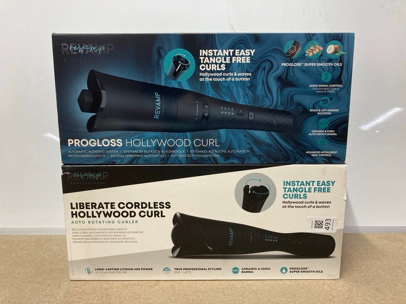 Lot 493  
            Nottingham SR1 - Delivery Only 

                
2 X VARIOUS REVAMP CURLERS INC. LIBERATE CORDLESS HOLLYWOOD CURL AUTO ROTATING CU...