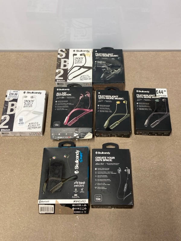 Lot 498  
            Nottingham SR1 - Delivery Only 

                
8 X VARIOUS SKULLCANDY HEADPHONES INC. SMOKIN' BUDS 2 WIRELESS