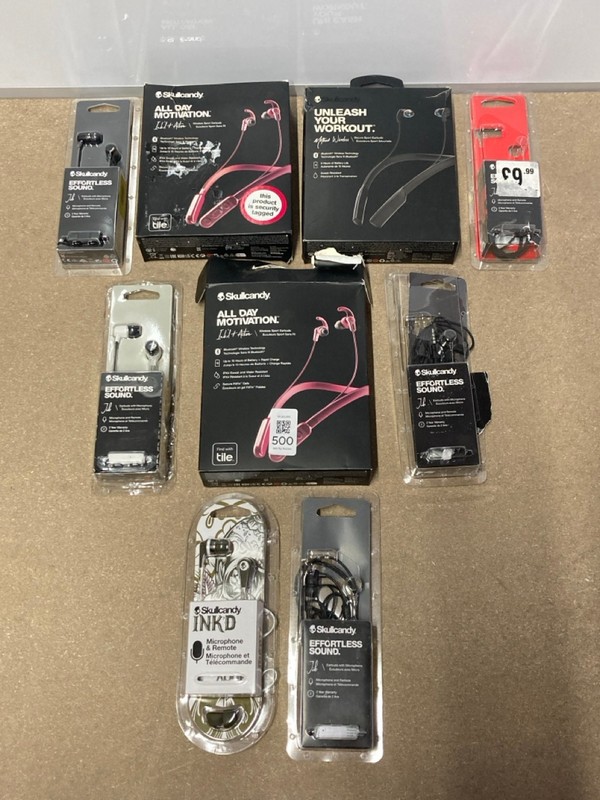 Lot 500  
            Nottingham SR1 - Delivery Only 

                
9 X VARIOUS SKULLCANDY HEADPHONES INC. INK'DT ACTIVE WIRELESS SPORT EARBUDS