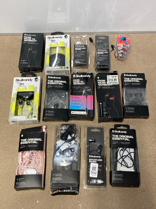 Lot 502  
            Nottingham SR1 - Delivery Only 

                
QTY OF VARIOUS SKULLCANDY HEADPHONES INC. SET LIGHTNING WIRED EARBUDS