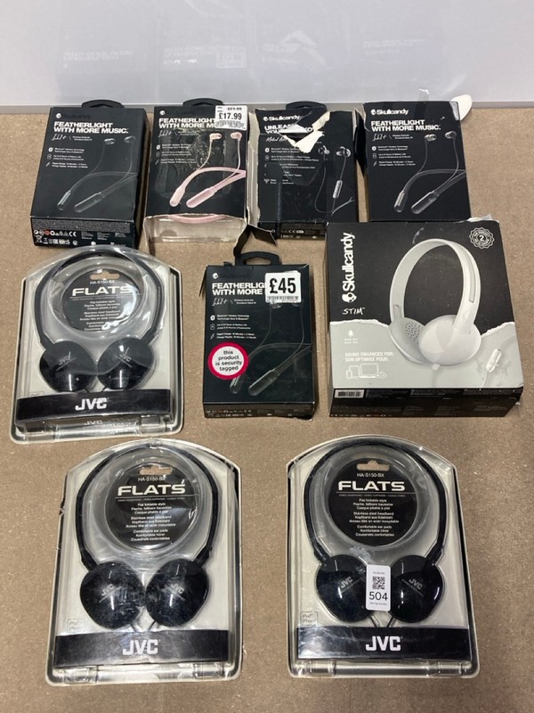 Lot 504  
            Nottingham SR1 - Delivery Only 

                
QTY OF VARIOUS HEADPHONES INC. JVC FLATS OVERHEAD HEADPHONES