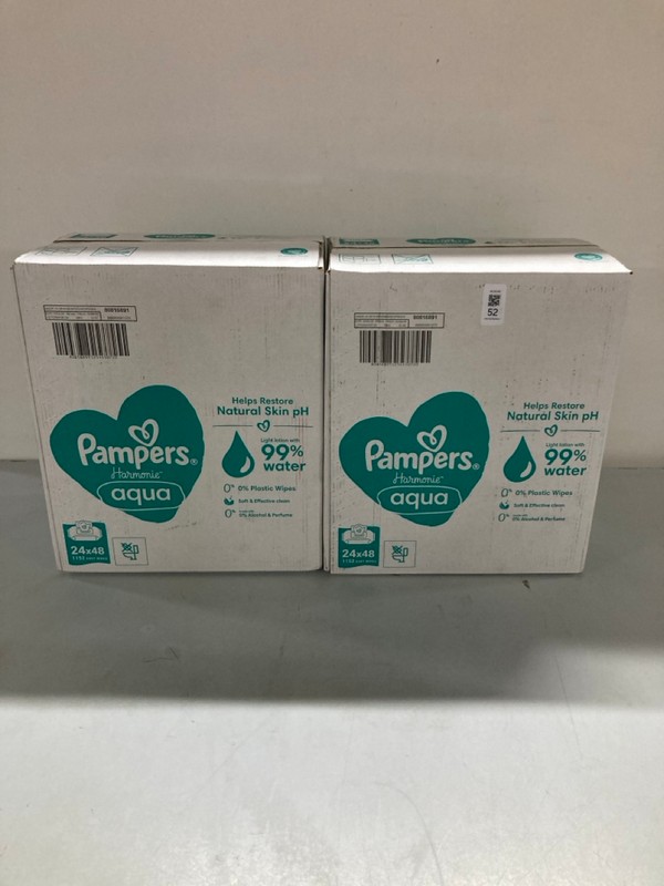 Lot 52  
            Nottingham SR1 - Delivery Only 

                
2 BOXES OF PAMPERS HARMONIE AQUA BABY WIPES (24 PACK)