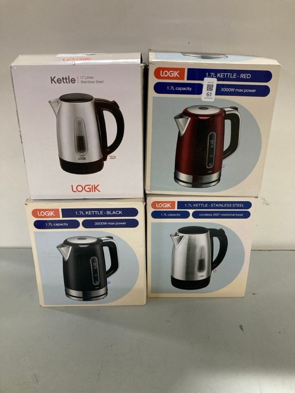 Lot 61  
            Nottingham SR1 - Delivery Only 

                
4 X VARIOUS LOGIK KETTLES