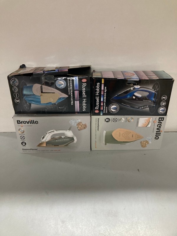 Lot 62  
            Nottingham SR1 - Delivery Only 

                
4 X VARIOUS IRONS INC. RUSSELL HOBBS TITANIUM CARBIDE IRON