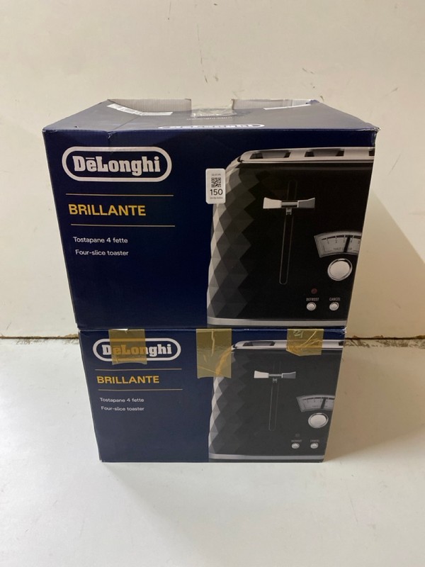 Lot 150  
            Nottingham SR2 - Delivery Only 

                
2 X DELONGHI BRILLANTE FOUR-SLICE TOASTER