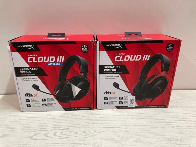 Lot 255  
            Nottingham SR2 - Delivery Only 

                
2 X HYPERX CLOUD III WIRELESS & WIRED GAMING HEADSET