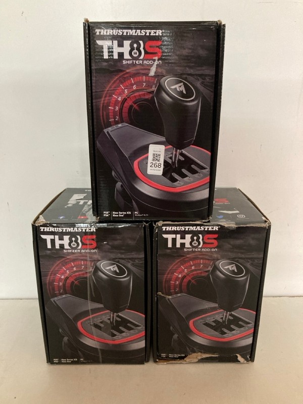 Lot 268  
            Nottingham SR2 - Delivery Only 

                
3 X THRUSTMASTER TH8S SHIFTER ADD-ON