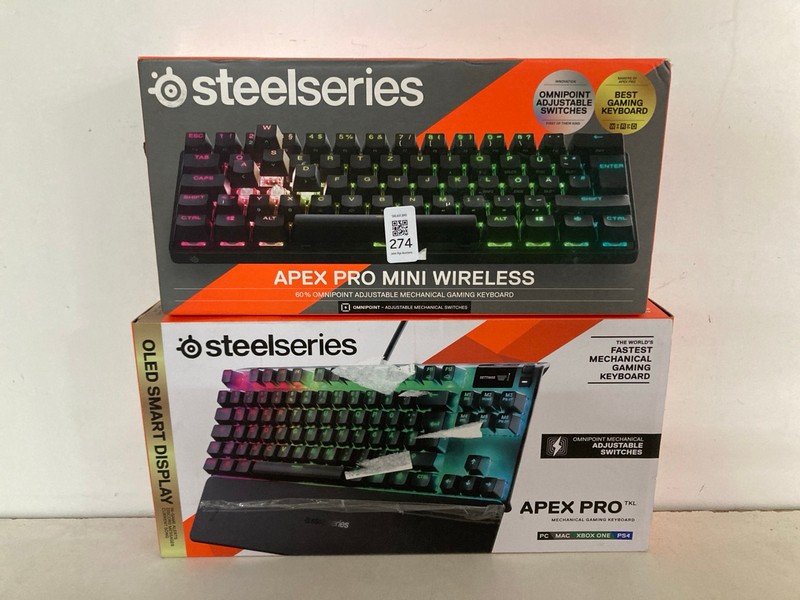 Lot 274  
            Nottingham SR2 - Delivery Only 

                
2 X STEELSERIES GAMING KEYBOARDS INC APEX PRO MINI WIRELESS
