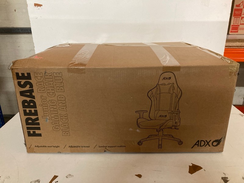 Lot 288  
            Nottingham SR2 - Delivery Only 

                
ADX FIREBASE JUNIOR RACE GAMING CHAIR BLACK AND BLUE