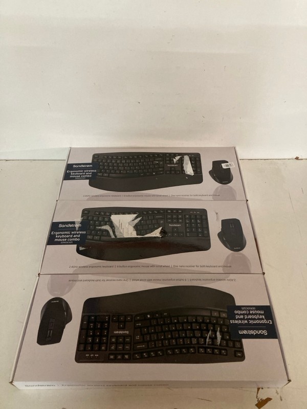 Lot 318  
            Nottingham SR2 - Delivery Only 

                
3 X SANDSTROM ERGONOMIC WIRELESS KEYBOARD AND MOUSE COMBO