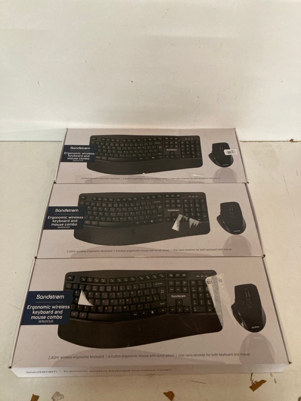 Lot 319  
            Nottingham SR2 - Delivery Only 

                
3 X SANDSTROM ERGONOMIC WIRELESS KEYBOARD AND MOUSE COMBO