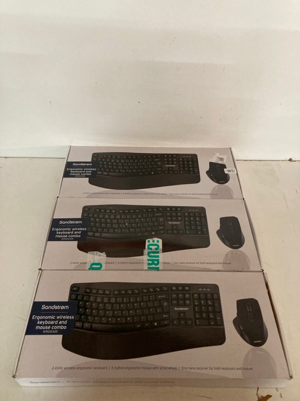 Lot 320  
            Nottingham SR2 - Delivery Only 

                
3 X SANDSTROM ERGONOMIC WIRELESS KEYBOARD AND MOUSE COMBO