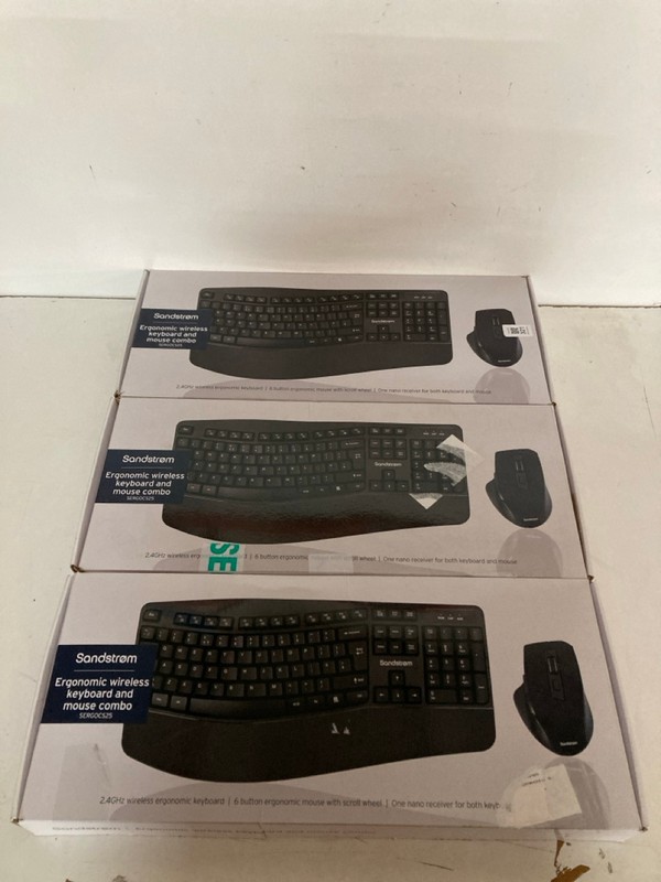 Lot 321  
            Nottingham SR2 - Delivery Only 

                
3 X SANDSTROM ERGONOMIC WIRELESS KEYBOARD AND MOUSE COMBO