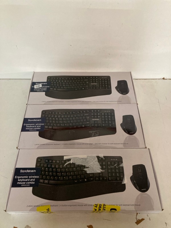Lot 322  
            Nottingham SR2 - Delivery Only 

                
3 X SANDSTROM ERGONOMIC WIRELESS KEYBOARD AND MOUSE COMBO
