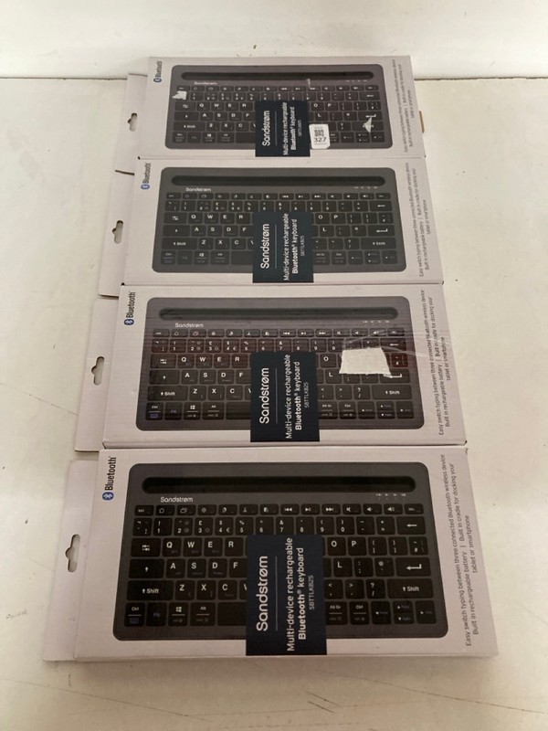 Lot 327  
            Nottingham SR2 - Delivery Only 

                
4 X SANDSTROM MULTI-DEVICE RECHARGEABLE BLUETOOTH KEYBOARD