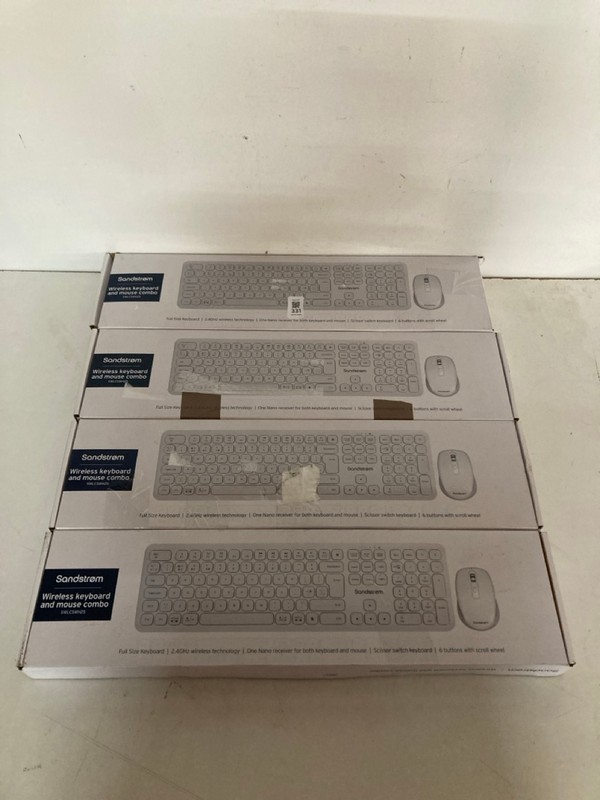 Lot 331  
            Nottingham SR2 - Delivery Only 

                
4 X SANDSTROM WIRELESS KEYBOARD AND MOUSE COMBO