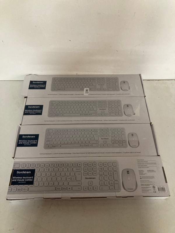 Lot 333  
            Nottingham SR2 - Delivery Only 

                
4 X SANDSTROM WIRELESS KEYBOARD AND MOUSE COMBO