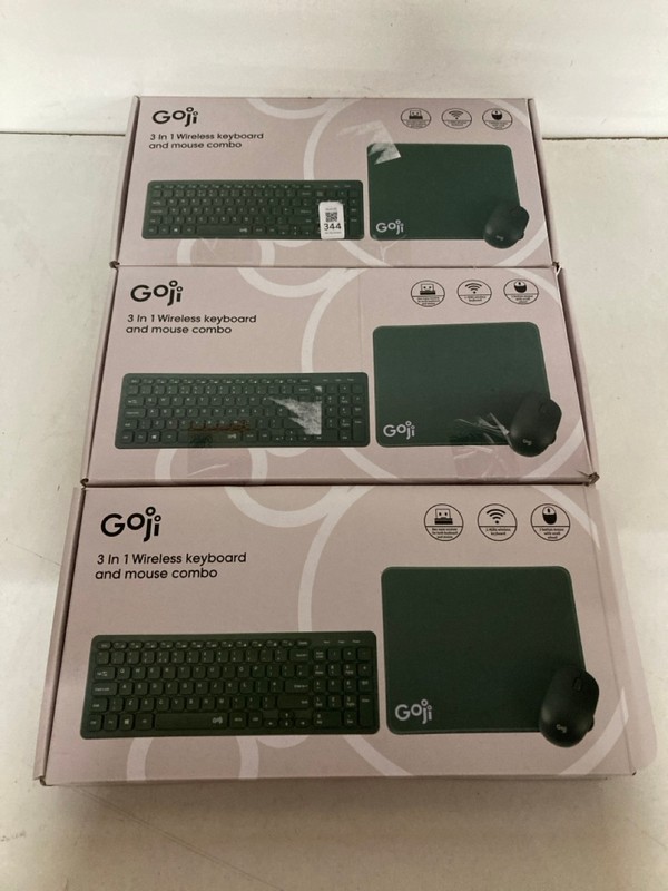 Lot 344  
            Nottingham SR2 - Delivery Only 

                
3 X GOJI 3 IN 1 WIRELESS KEYBOARD AND MOUSE COMBO