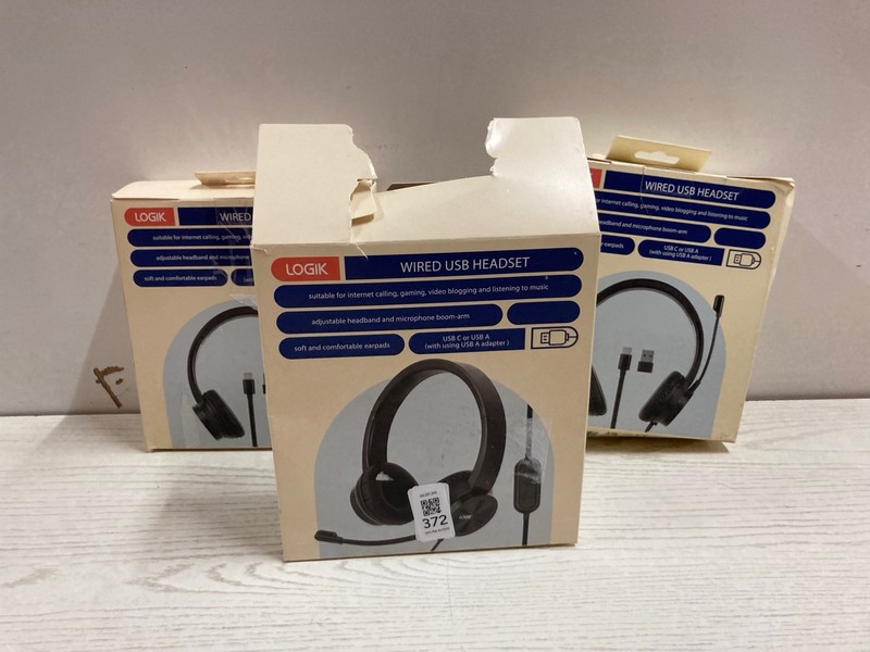 Lot 372  
            Nottingham SR2 - Delivery Only 

                
3 X LOGIK WIRED USB HEADSET