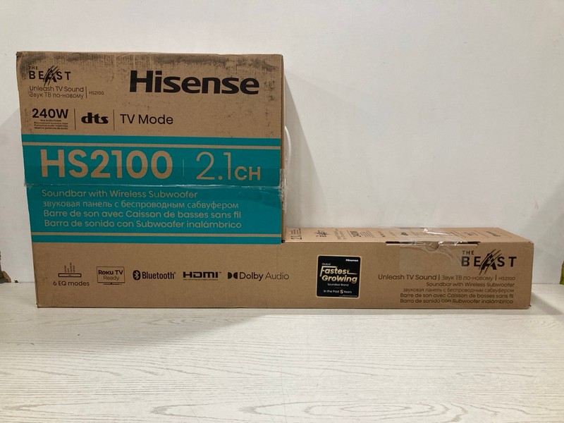 Lot 37  
            Nottingham SR2 - Delivery Only 

                
HISENSE HS2100 SOUNDBAR WITH WIRELESS SUBWOOFER ORIGINAL RRP £89.00
