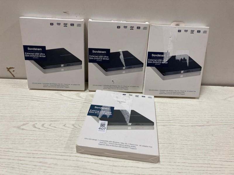 Lot 407  
            Nottingham SR2 - Delivery Only 

                
4 X SANDSTROM USB ULTRA SLIM DVD/CD WRITER