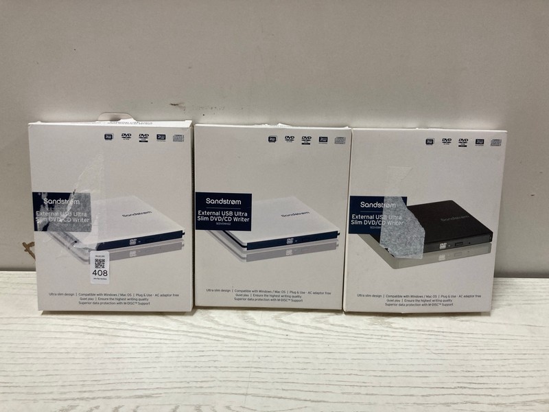 Lot 408  
            Nottingham SR2 - Delivery Only 

                
3 X SANDSTROM USB ULTRA SLIM DVD/CD WRITER