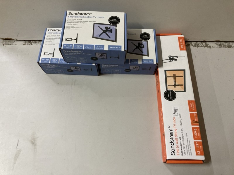 Lot 434  
            Nottingham SR2 - Delivery Only 

                
4 X SANDSTROM TV MOUNTS INC FLAT TO WALL TILTING TV MOUNT