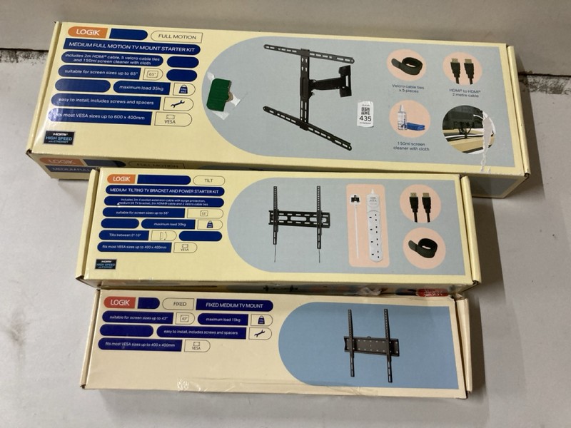 Lot 435  
            Nottingham SR2 - Delivery Only 

                
3 X LOGIK TV MOUNTS INC FIXED MEDIUM TV MOUNT
