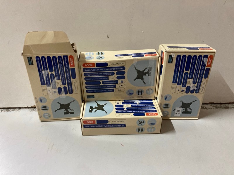 Lot 436  
            Nottingham SR2 - Delivery Only 

                
4 X LOGIK SMALL FULL MOTION TV MOUNT STARTER KIT