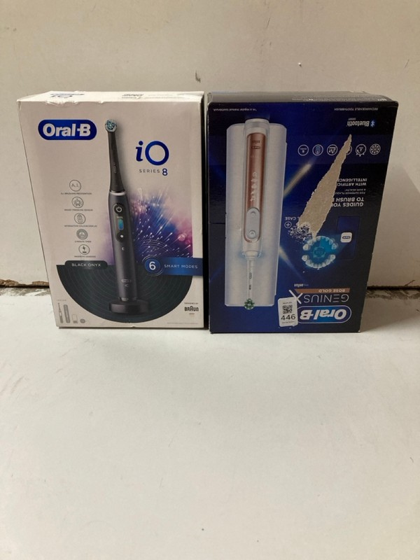 Lot 446  
            Nottingham SR2 - Delivery Only 

                
2 X ELECTRIC TOOTHBRUSHES INC ORAL B GENIUS X ROSE GOLD