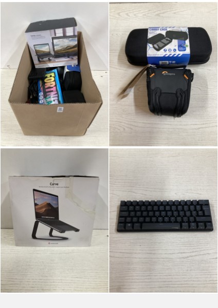 Lot 488  
            Nottingham SR2 - Delivery Only 

                
BOX OF ITEMS INC CURVE DESKTOP STAND FOR MACBOOK