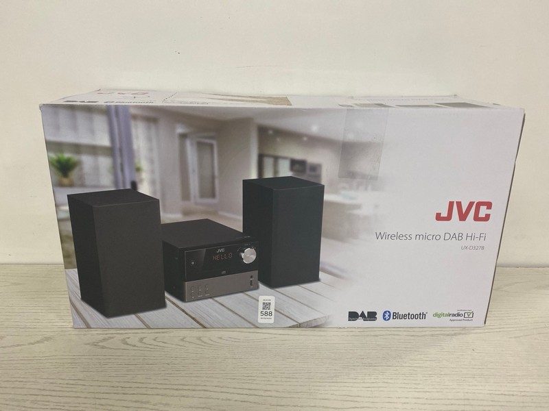 Lot 588  
            Nottingham SR2 - Delivery Only 

                
JVC WIRELESS MICRO DAB HI-FI MODEL NO: UX-D327B