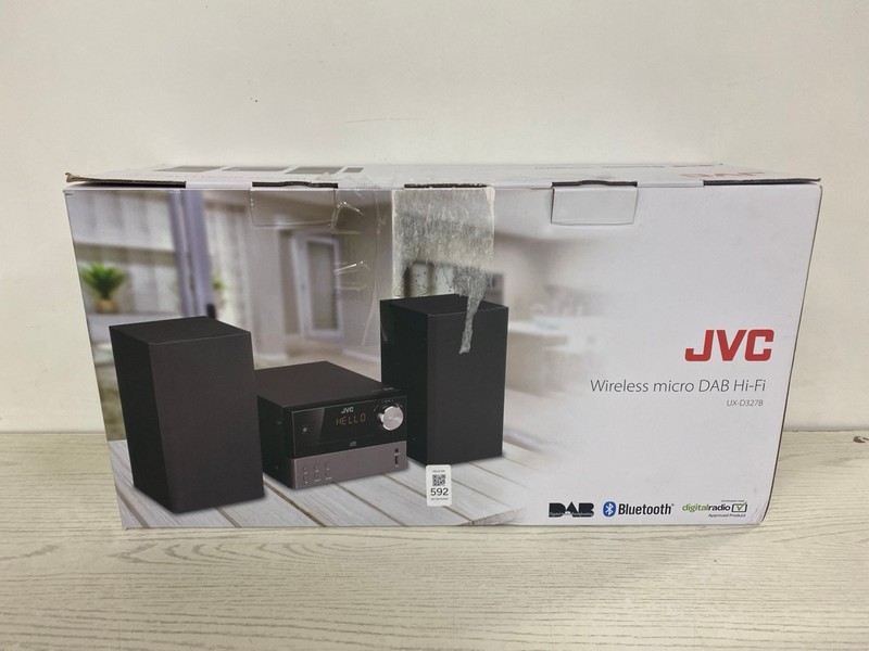 Lot 592  
            Nottingham SR2 - Delivery Only 

                
JVC WIRELESS MICRO DAB HI-FI MODEL NO: UX-D327B