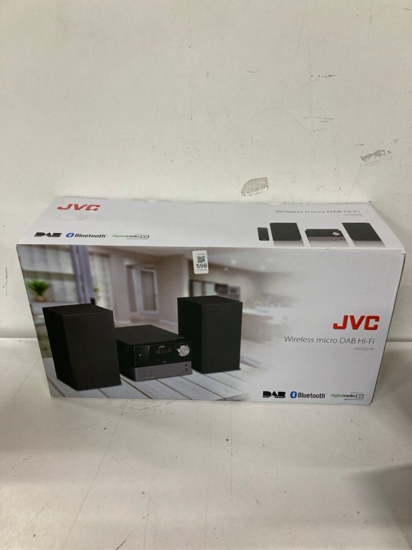 Lot 598  
            Nottingham SR2 - Delivery Only 

                
JVC WIRELESS MICRO DAB HI-FI MODEL NO: UX-D327B