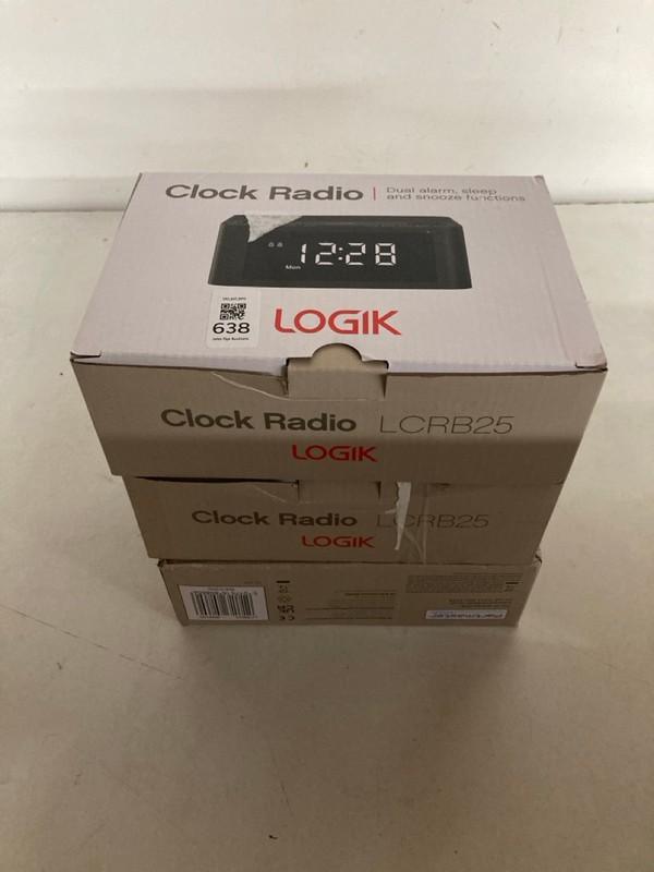 Lot 638  
            Nottingham SR2 - Delivery Only 

                
3 X LOGIK CLOCK RADIO MODEL NO: LCRB25