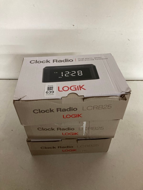 Lot 639  
            Nottingham SR2 - Delivery Only 

                
3 X LOGIK CLOCK RADIO MODEL NO: LCRB25