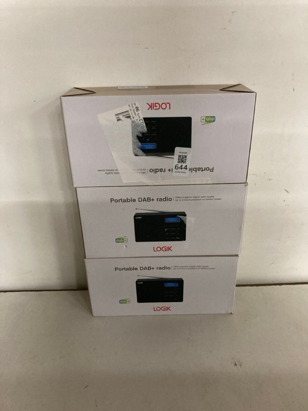 Lot 644  
            Nottingham SR2 - Delivery Only 

                
3 X LOGIK PORTABLE DAB+ RADIO MODEL NO: L2DAB23