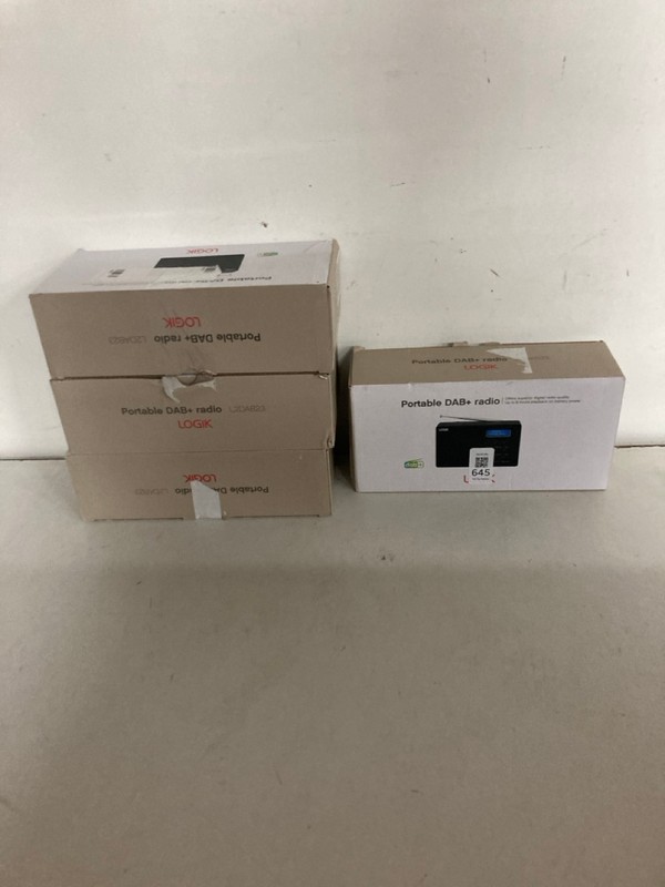 Lot 645  
            Nottingham SR2 - Delivery Only 

                
4 X LOGIK PORTABLE DAB+ RADIO MODEL NO: L2DAB23